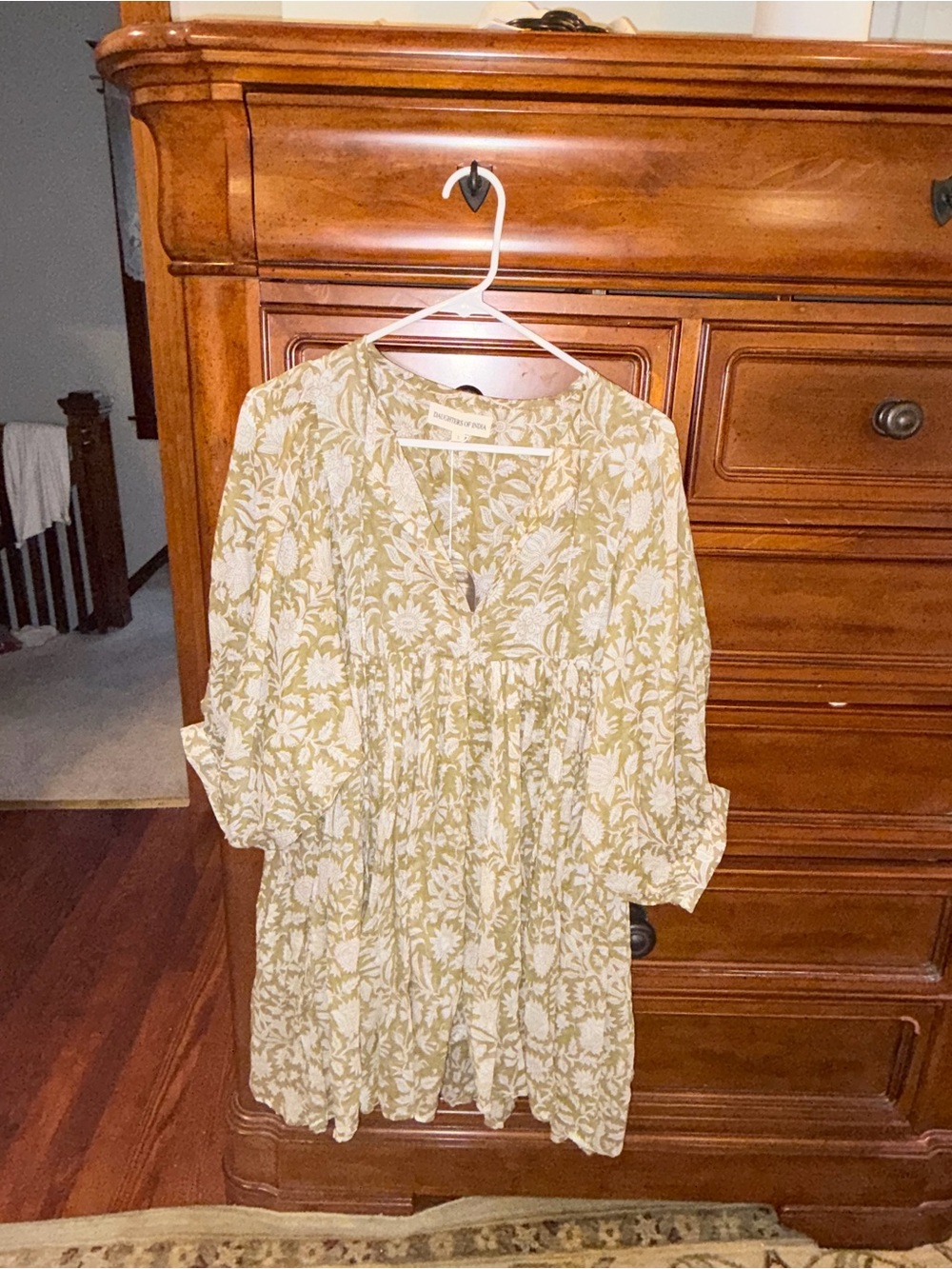 Daughters of India NWT Sage Floral Cotton Mini Dress Size S Boho Cottagecore